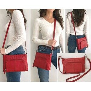 Tignanello Red Pebbled Leather Crossbody Bag Organizer Wallet Purse Crossbod Bag